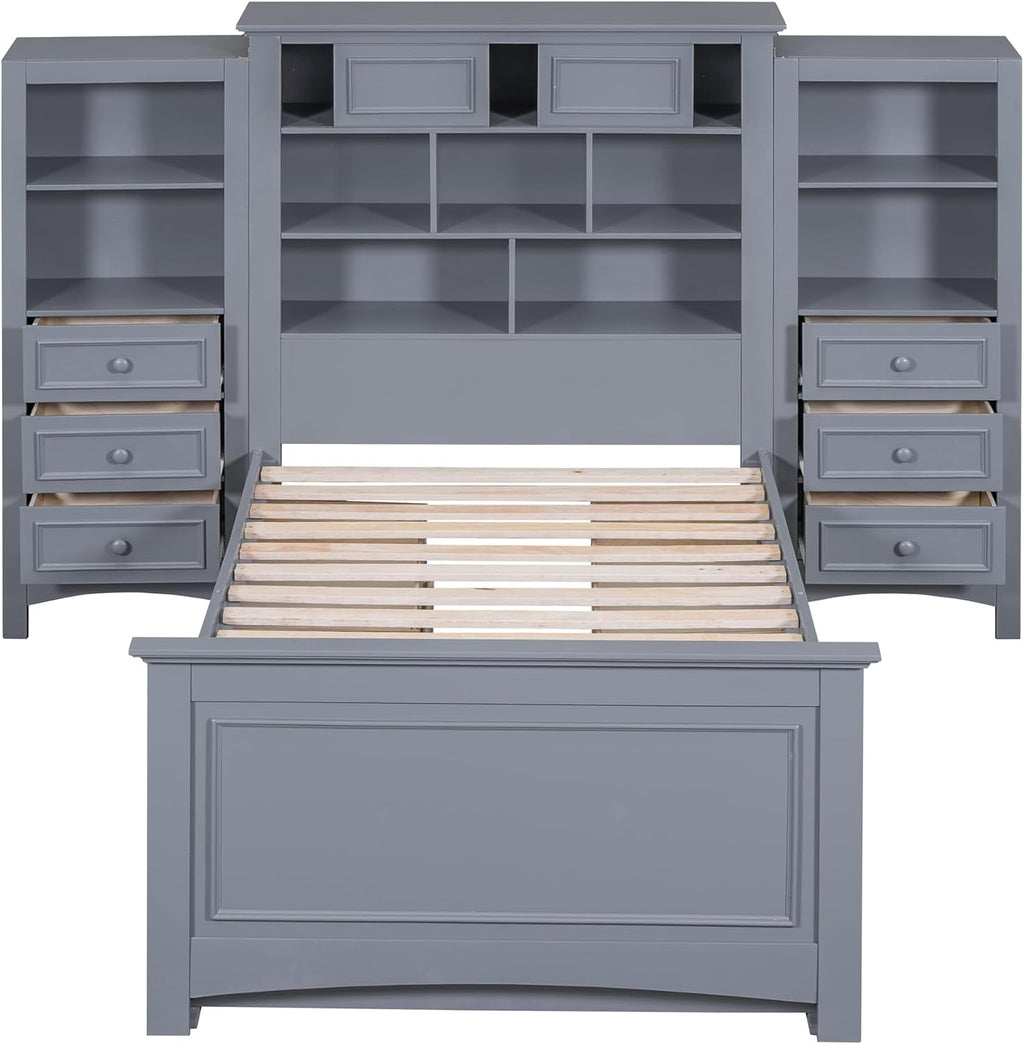 Gray Twin Size Wood Platform Bed Frame with Bookcase Headboard and 4 Drawers N968529