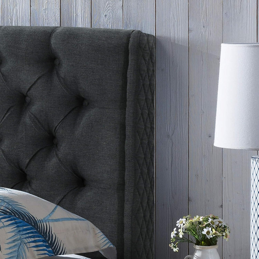 Queen Dark Gray Black Tufted Fabric Headboard B190