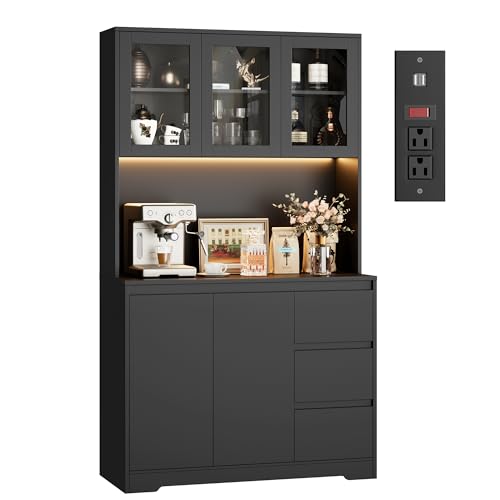 Black 71" Kitchen Pantry Cabinet with LED Lights and Charging Station R267550