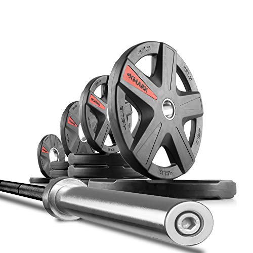Olympic Weight Plate Sets with Olympic Weightlifting Bar, 2-inch Rubber Coated Olympic Grip Plate Set With 7’ Olympic Bar E6510