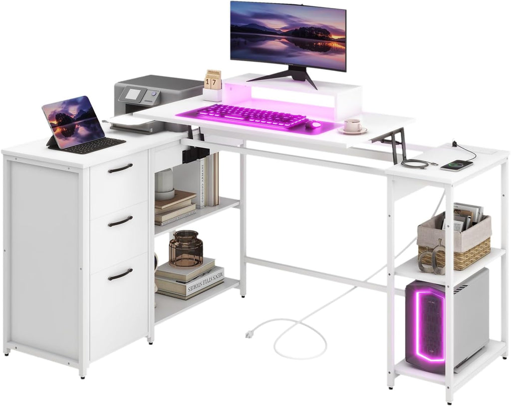 61" L Shaped Desk with Lift Top, Power Outlets, Drawers, Open Storage Shelf, Monitor Stand N6682
