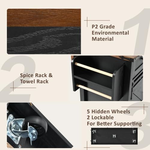 Black Farmhouse Kitchen Island with Power Outlet, 2 Sliding Barn Door, Drop Leaf, Spice Rack, Rolling Cart on Wheels E397