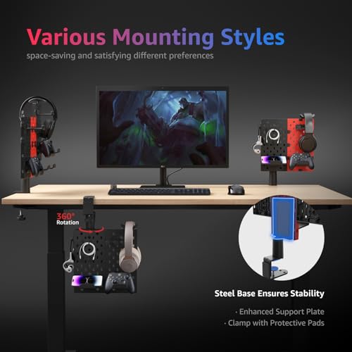 Modular Headphone and Controller Holder, Clamp-on Pegboard, Rotatable Controller Stand with Cable Hooks, 3Pcs Pegboard, Red E705903