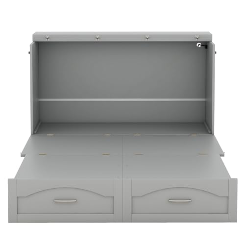 White Solid Wood Queen Size Murphy Bed with Storage and Bookcase Headboard L8840