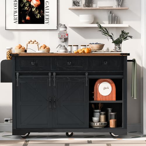 Black Farmhouse Kitchen Island with Power Outlet, 2 Sliding Barn Door, Drop Leaf, Spice Rack, Rolling Cart on Wheels E397