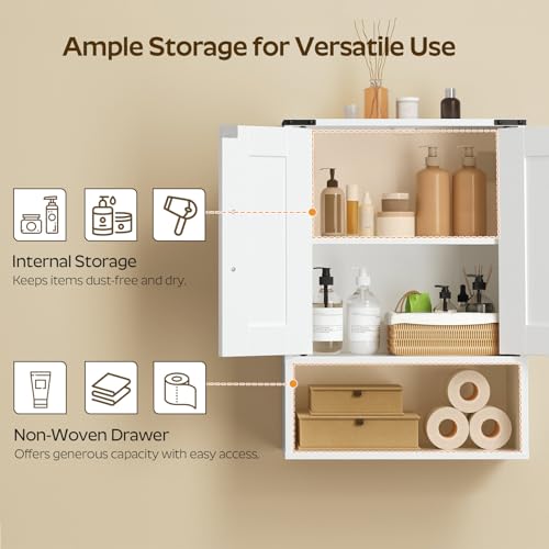 White Double-Door Wall Mounted Bathroom Cabinet with Fabric Drawer H7088