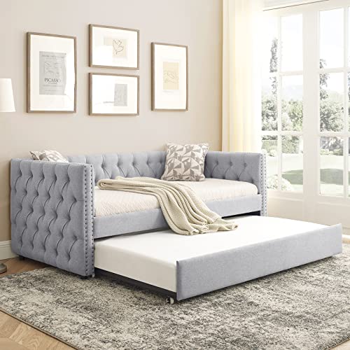 Twin Size Linen Fabric Upholstered Daybed with Trundle R5790