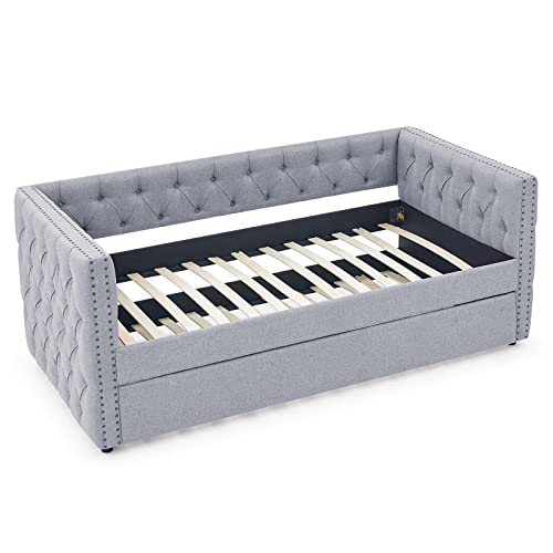 Twin Size Linen Fabric Upholstered Daybed with Trundle R5790