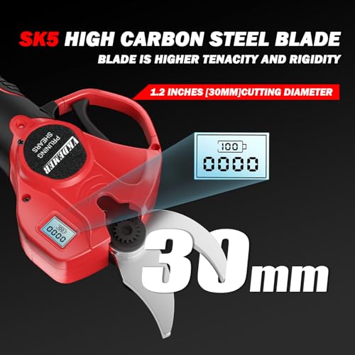 Electric Pruning Shears with LCD Display, Cordless, 2 Rechargeable 2Ah Lithium Batteries, 1.2 Inch Cutting Diameter O711674