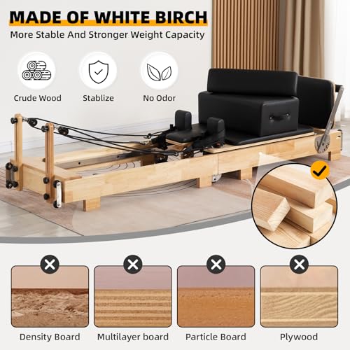 Oak Frame Foldable Wooden Pilates Reformer with Springs Jump Board Sitting Box R88241