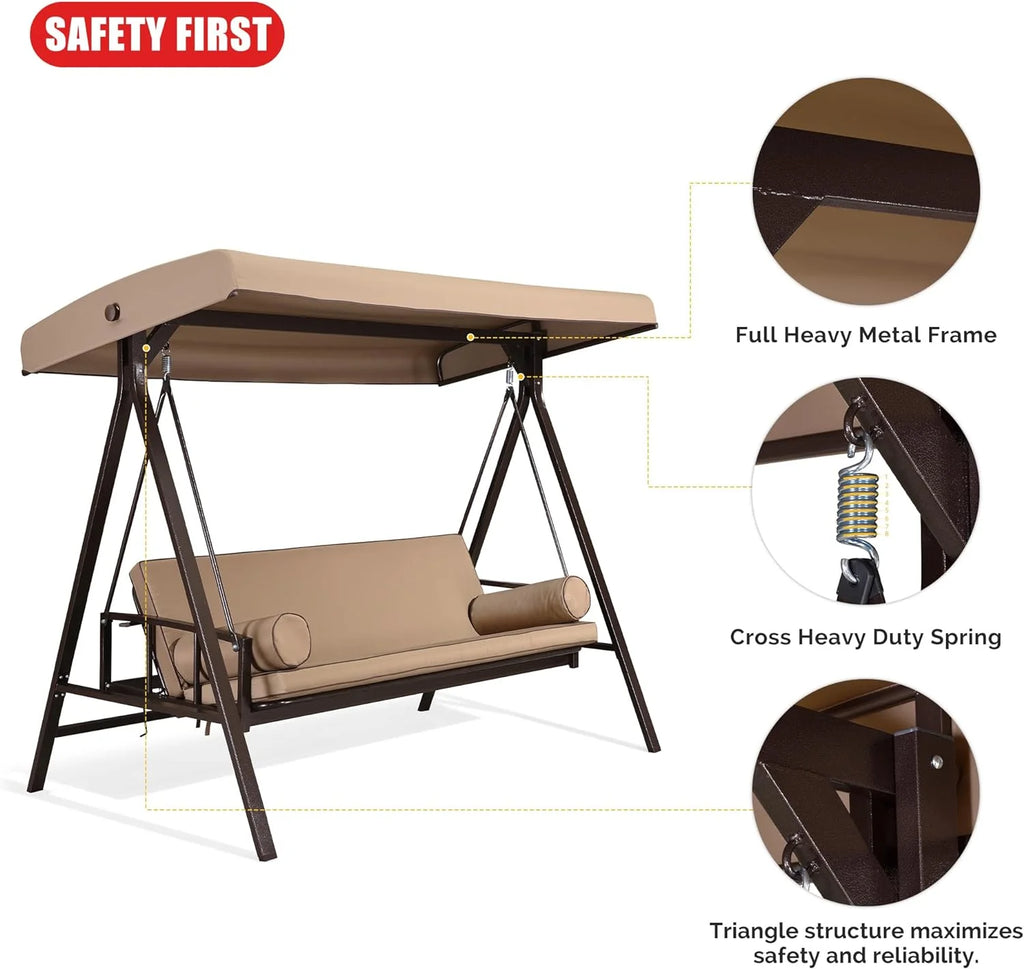 3-Seat Outdoor Swing Chair with Weather Resistant Steel Frame, Beige J1452