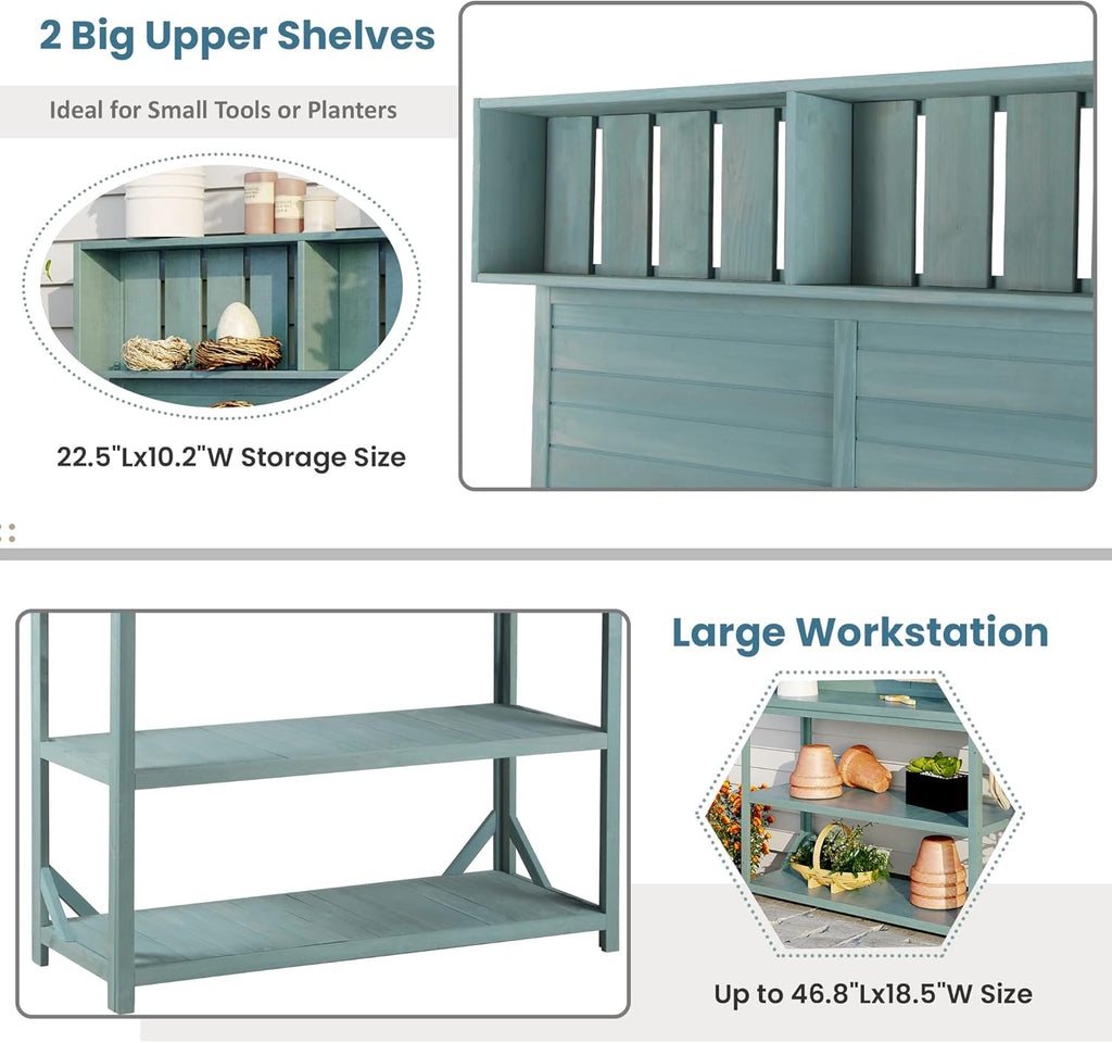 Green Wooden Potting Bench Table with 4 Storage Shelves and 3 Side Hook Z36850