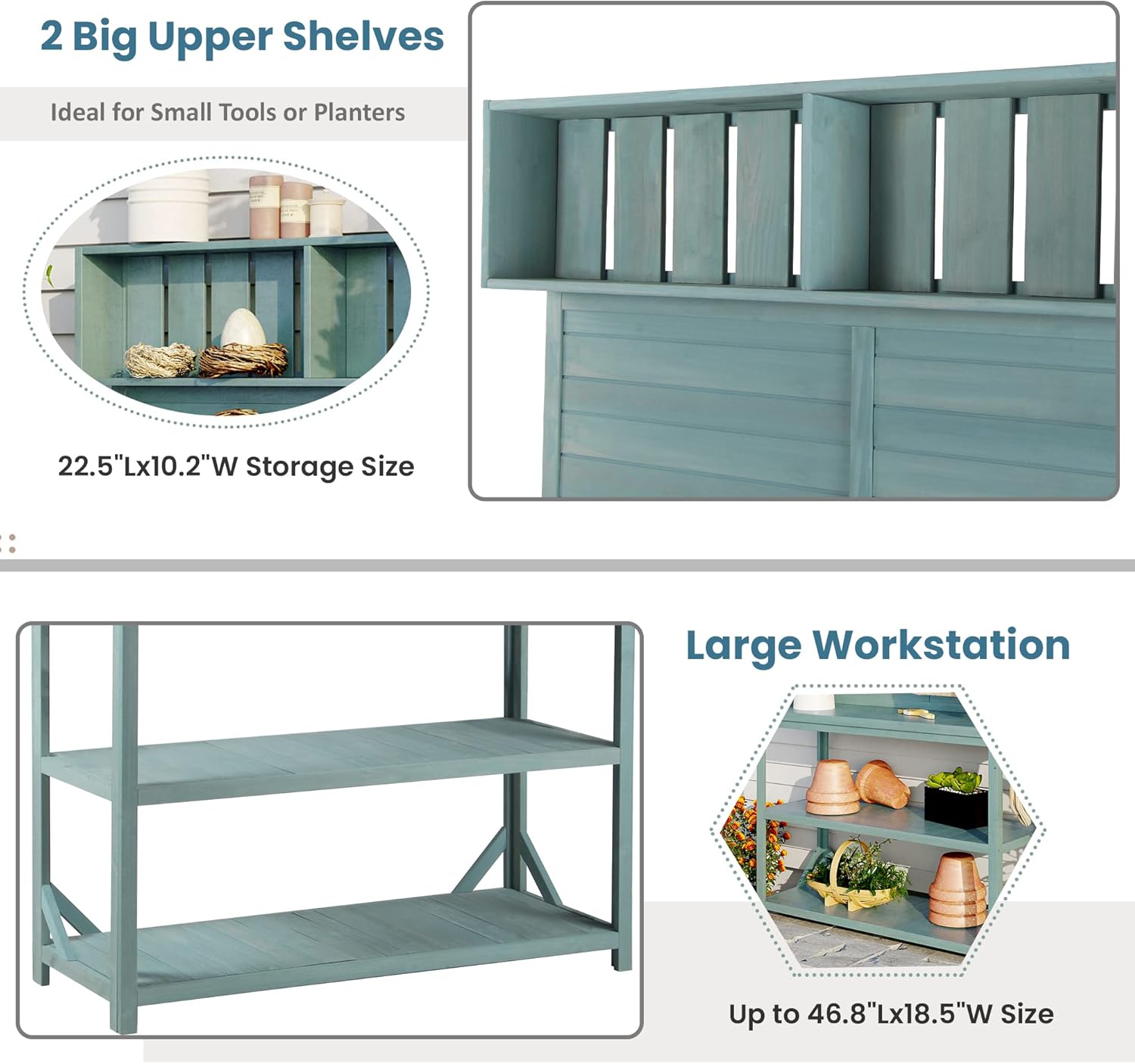 Green Wooden Potting Bench Table with 4 Storage Shelves and 3 Side Hook Z36850