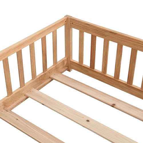Gray Solid Wood Twin Size Floor Bed with Rails and Slats N23920