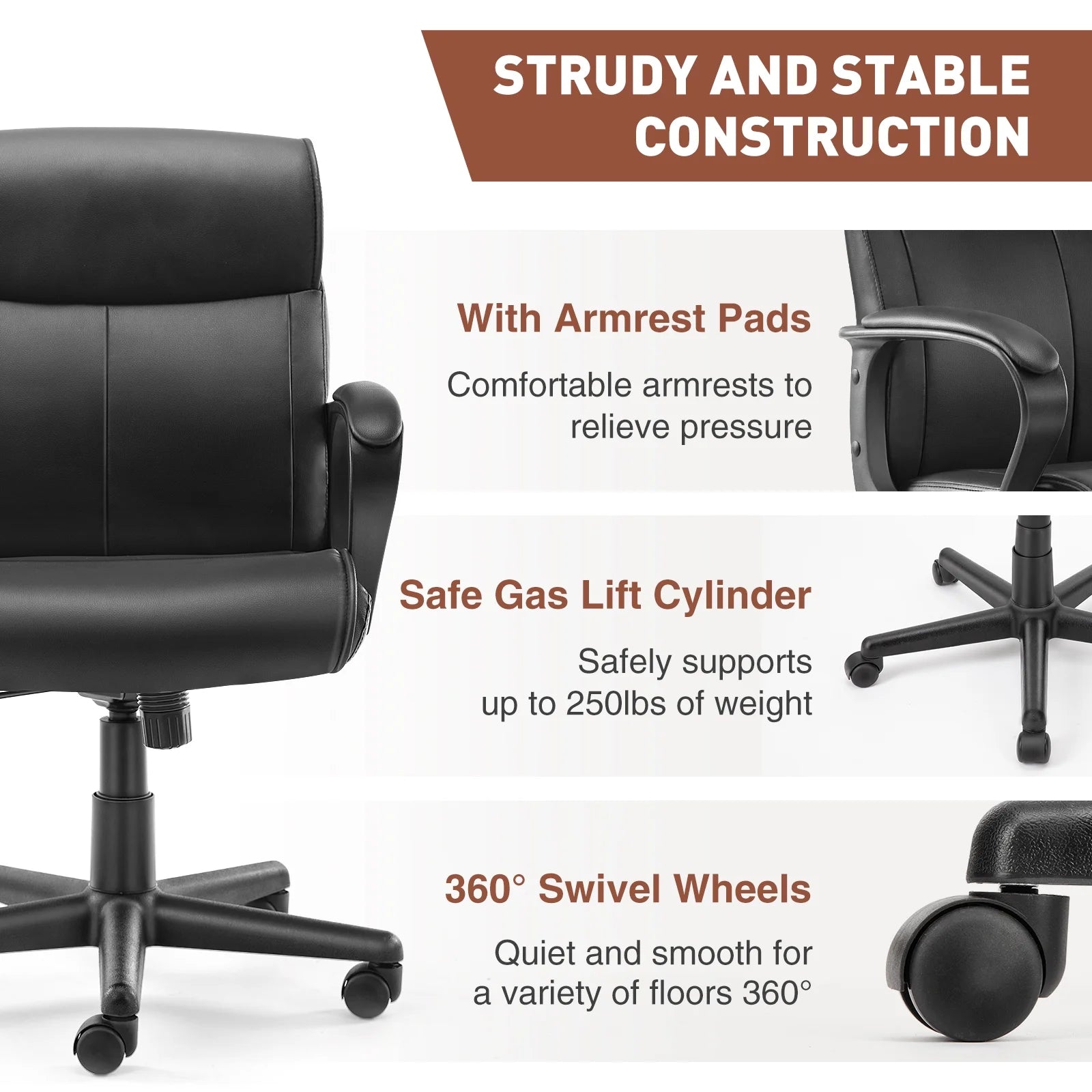 Mid Back Office Desk Chair with Padded Armrests PU Leather F905