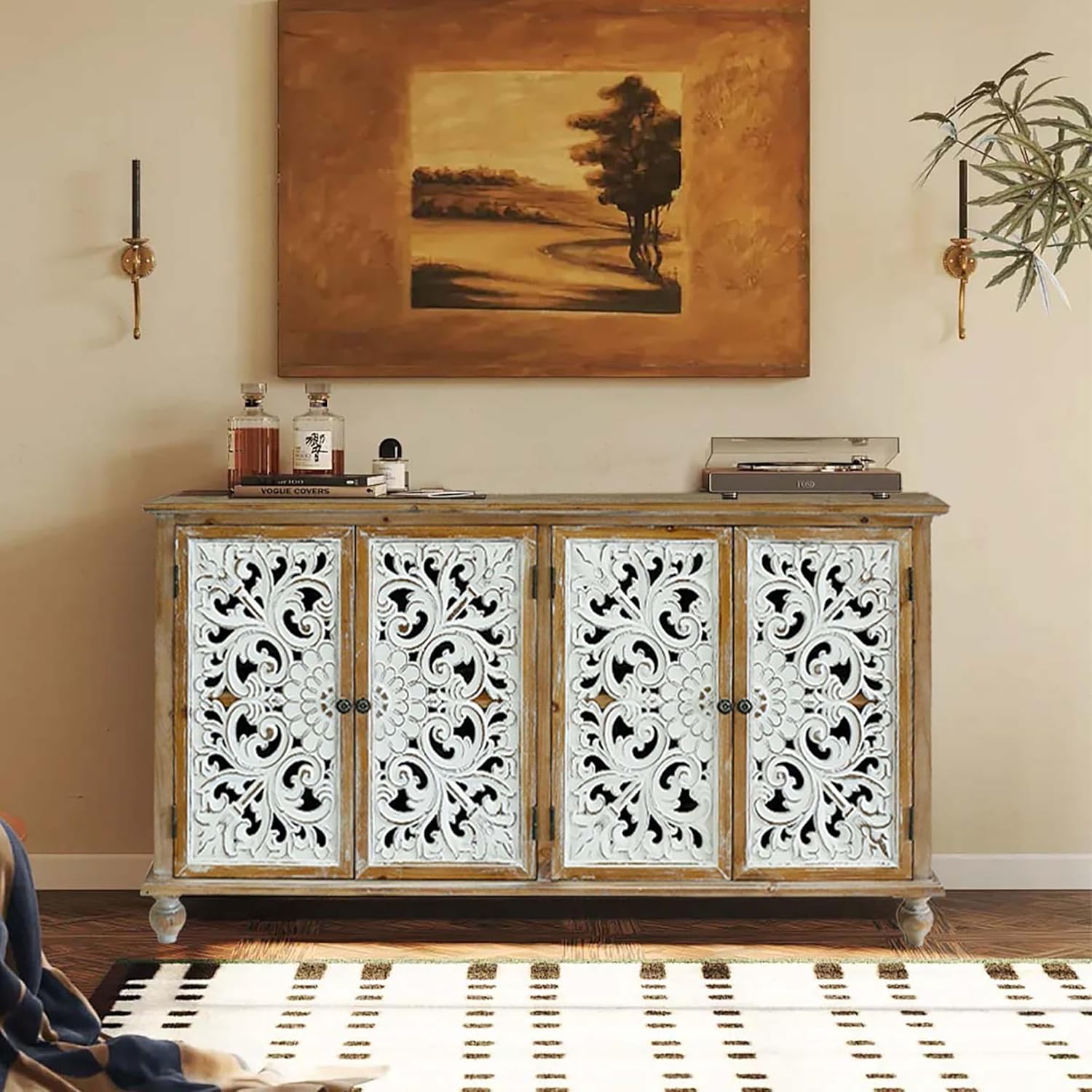 Accent Cabinet with 4 Doors and Wood Carved Floral Doors X834