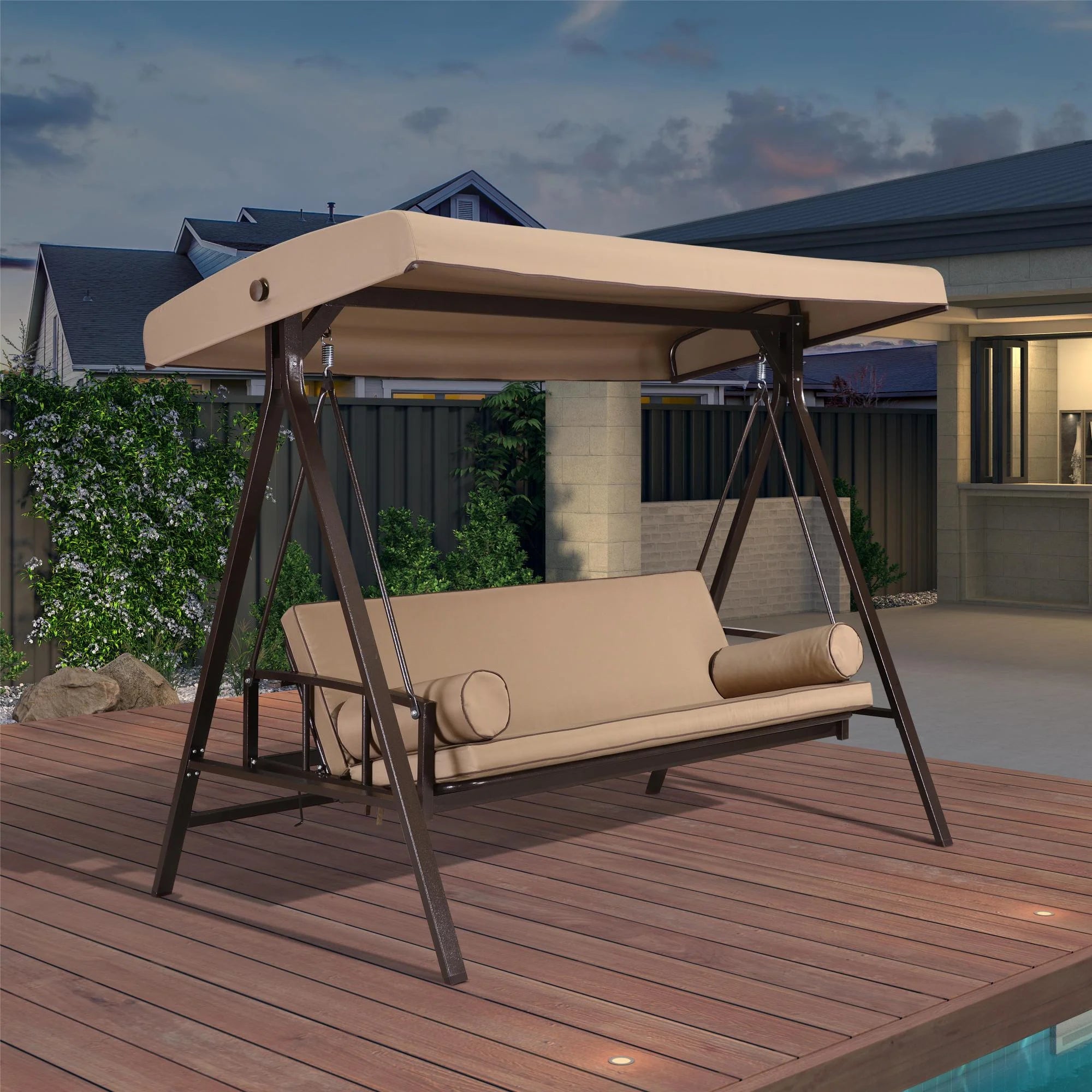 3-Seat Outdoor Swing Chair with Weather Resistant Steel Frame, Beige J1452