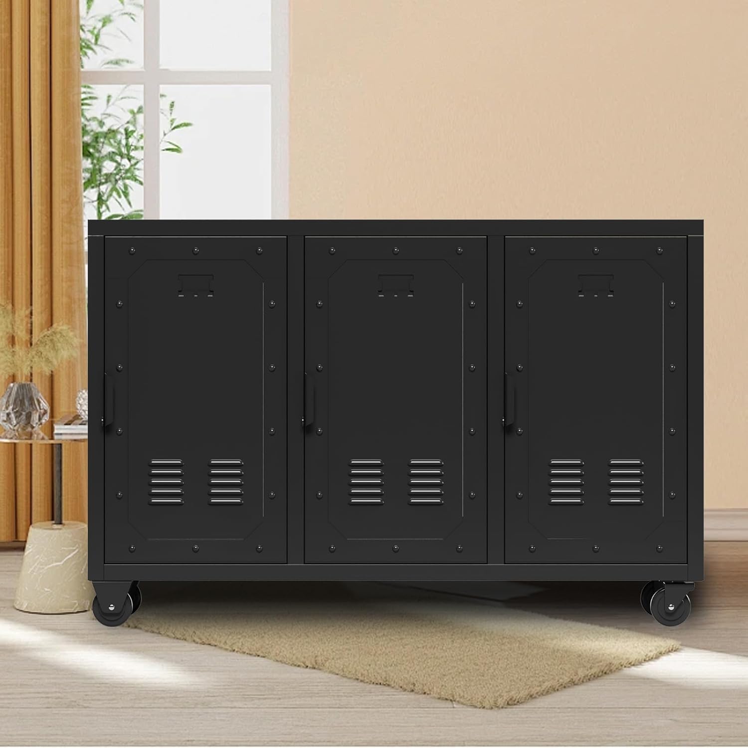 Metal Storage Cabinet with Wheels, 3 Doors L424