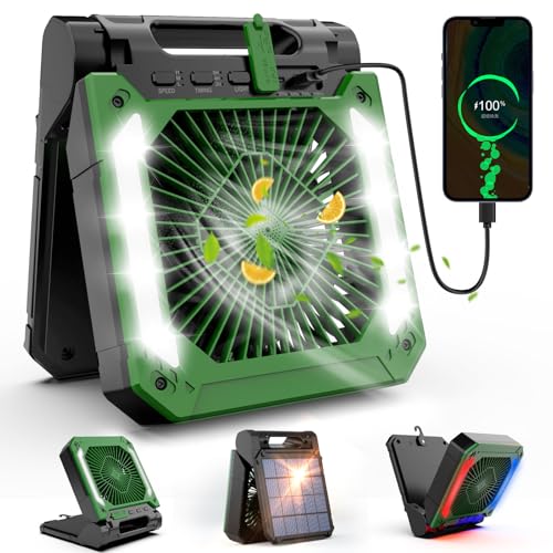 20000mAh Solar Powered Hangable Camping Fan with LED Lantern, 3 Speeds Rechargeable Quiet Battery Operated Fan with Timing & PowerBank K8355