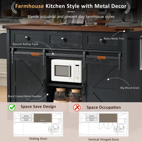 Black Farmhouse Kitchen Island with Power Outlet, 2 Sliding Barn Door, Drop Leaf, Spice Rack, Rolling Cart on Wheels E397
