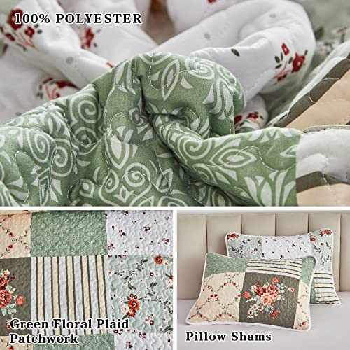 Full/Queen Size 3 Pieces Green Floral Plaid Microfiber Reversible Quilt Set A114