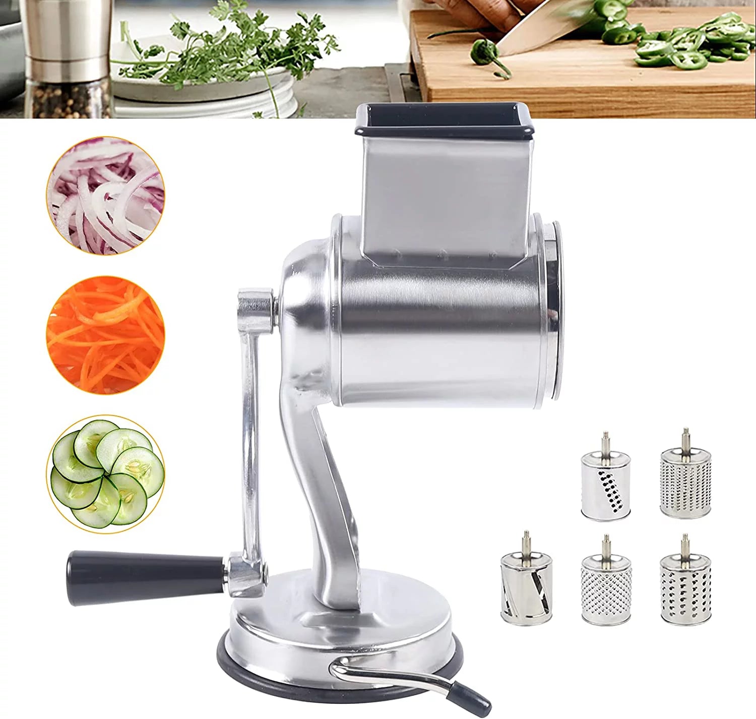 Manual Rotary Drum Food Grater Vegetable Shredder Slicer Grinder Set with 5 Blade Y5086