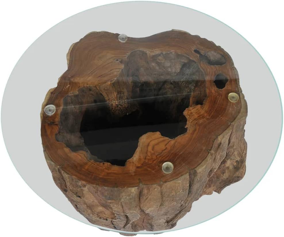 Teak Tree Stump Coffee Table with Tempered Glass Top P15897