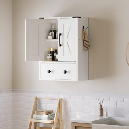 White Double-Door Wall Mounted Bathroom Cabinet with Fabric Drawer H7088