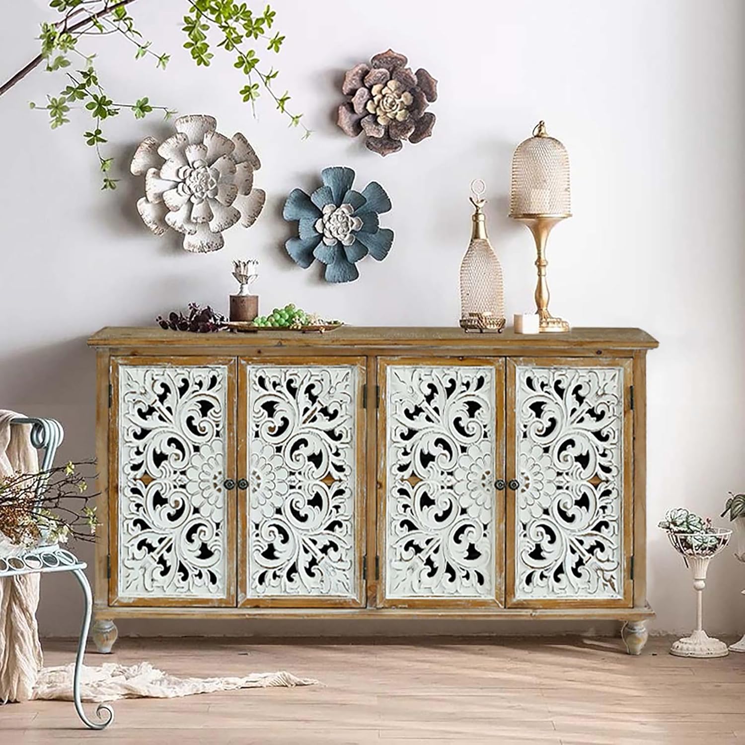Accent Cabinet with 4 Doors and Wood Carved Floral Doors X834