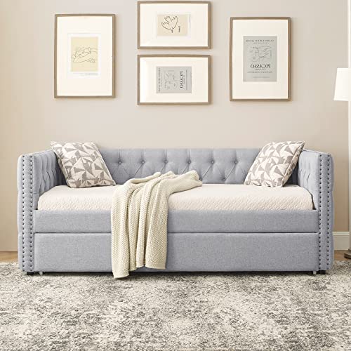 Twin Size Linen Fabric Upholstered Daybed with Trundle R5790