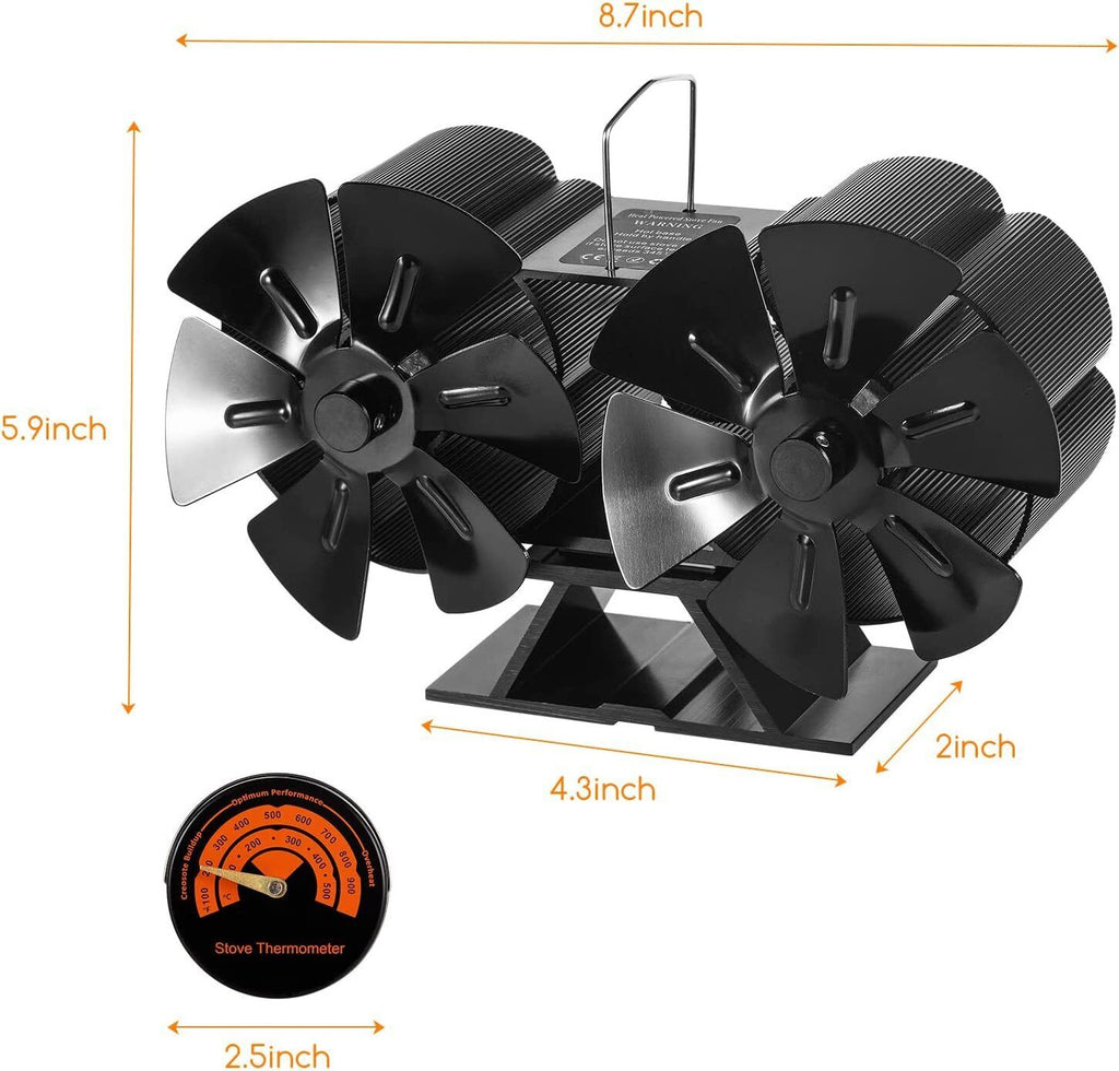 12-Blade Dual Head Heat Powered Wood Stove Fan with Magnetic Thermometer K8582