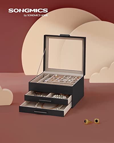 4-Layer Jewelry Organizer with Glass Lid, 3 Drawers, Dove Gray and Gold N186364