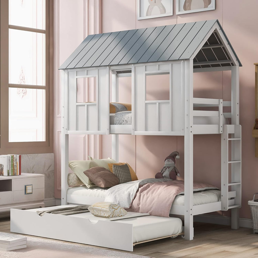 White Twin Over Twin Wood Bunk Beds with Trundle Q882589