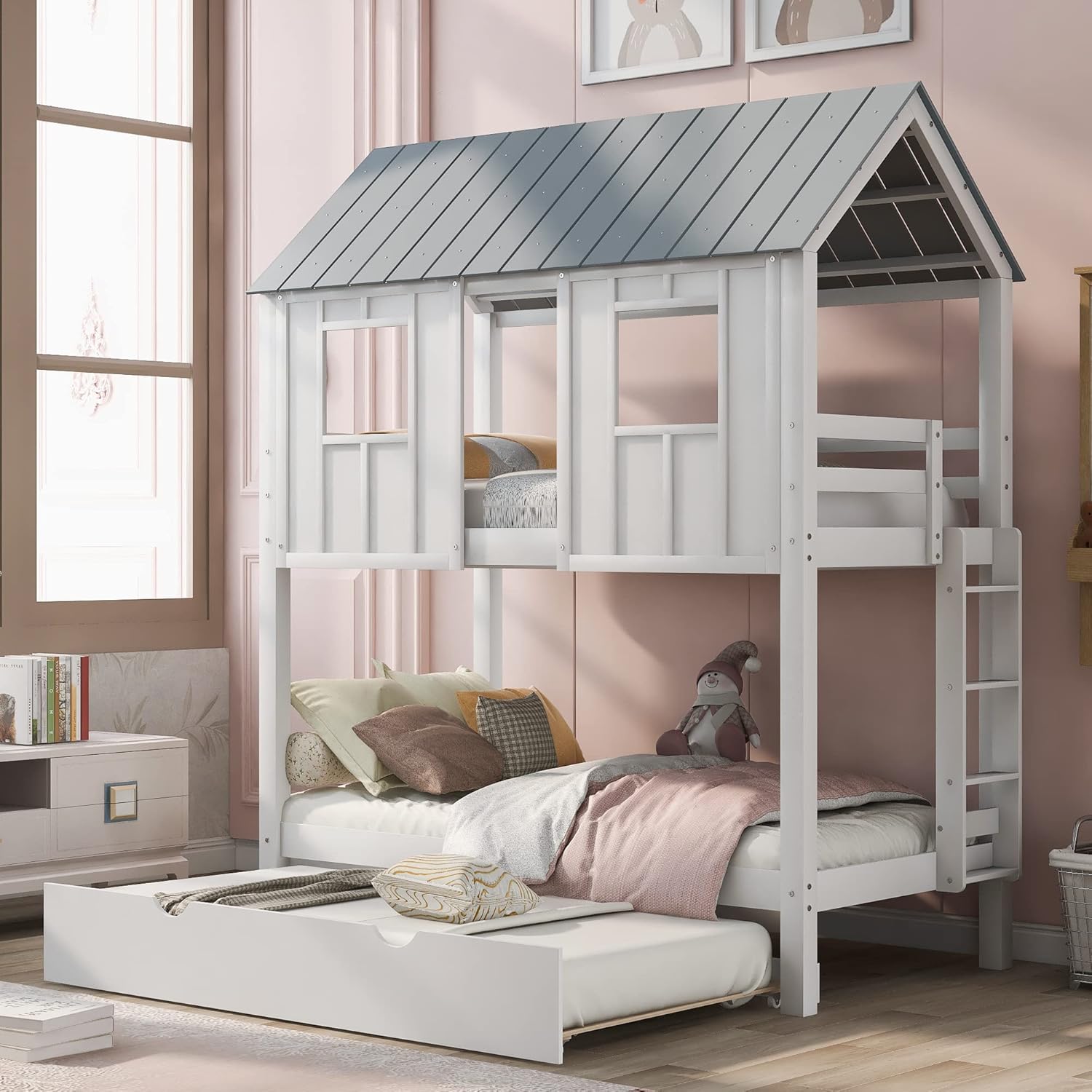 White Twin Over Twin Wood Bunk Beds with Trundle Q882589