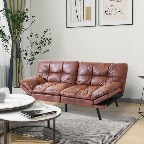 Faux Leather Futon Bed, Convertible Memory Foam Sofa Bed, 71" Sofas, Matte Black K3583