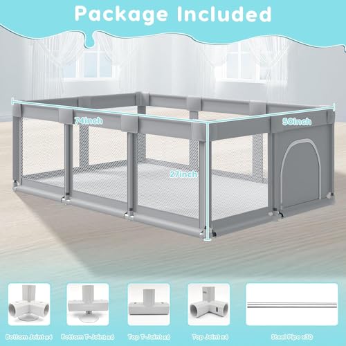 Large Baby Playpen with Soft Breathable Mesh, Grey B575