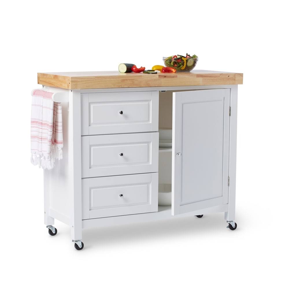 White Rubberwood Kitchen Island Cart V9737