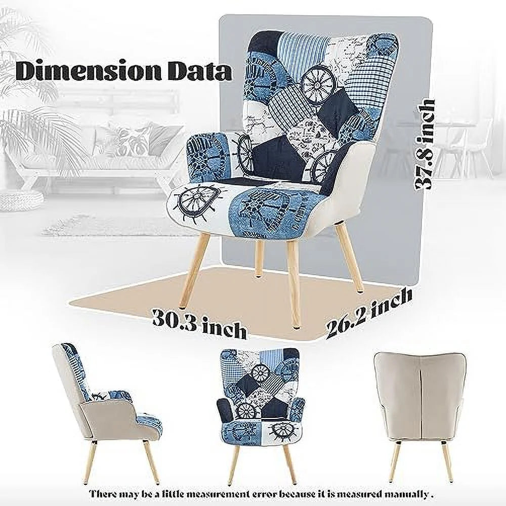Grey Plaid Upholstered Armchair with Wooden Base V3686