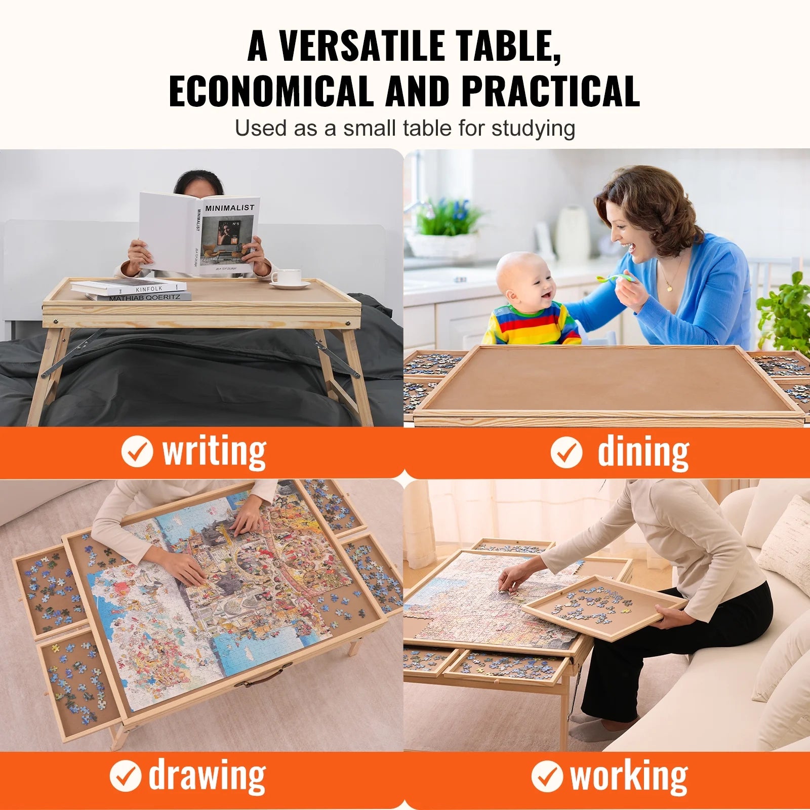 1500 Piece Puzzle Board with Folding Legs & 4 Sliding Drawers 32.7" x 24.6" Wooden Jigsaw Puzzle Table Z2456