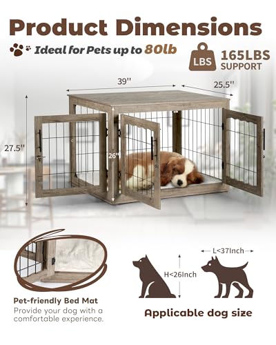Greige Wooden Dog Crate with Bed Mat I7586