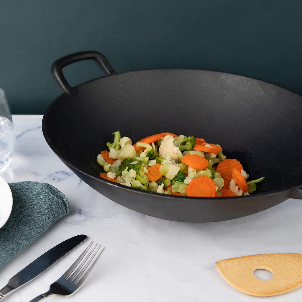 Pre-Seasoned Cast Iron Wok with Wooden Lid 14 Inches Nonstick Deep Frying Pan P1176