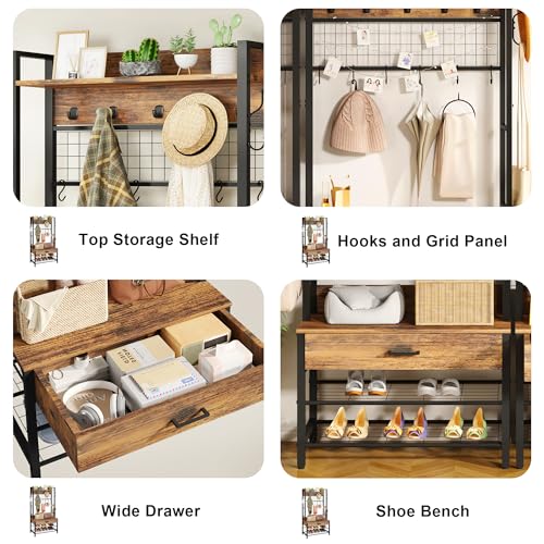 5-in-1 Wood Look Hall Tree with Bench and Shoe Storage, 12 Hooks M84124