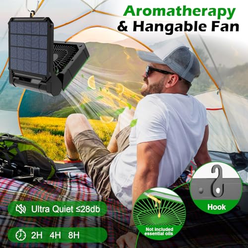 20000mAh Solar Powered Hangable Camping Fan with LED Lantern, 3 Speeds Rechargeable Quiet Battery Operated Fan with Timing & PowerBank K8355