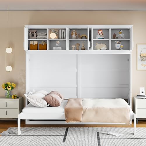 White Solid Wood Queen Murphy Bed with Cabinets Y775