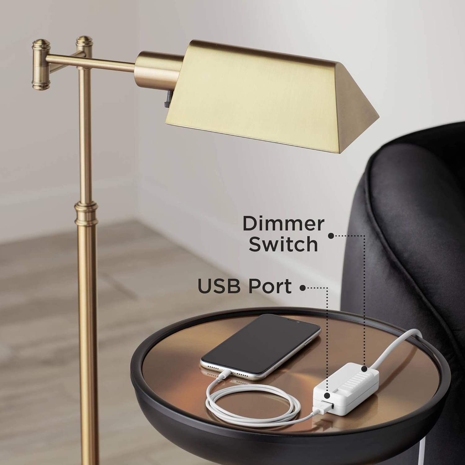 Aged Brass Metal Floor Lamp with USB Charging Port F975052