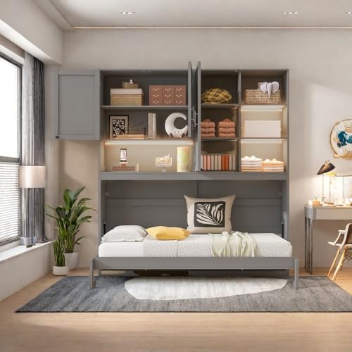 Twin Size Gray Murphy Bed Frame with Storage Cabinet and Shelves U651083