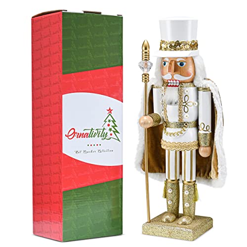 Gold and White Glittered Wooden Nutcracker 14" X780046