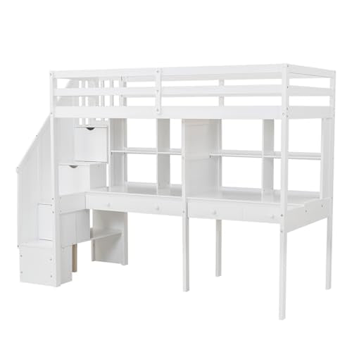 White Twin Size Wood Loft Bed with Stairs and Desks F6679