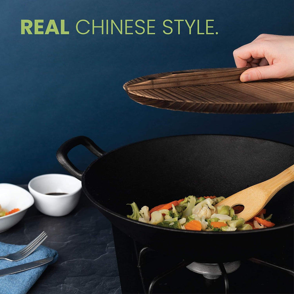 Pre-Seasoned Cast Iron Wok with Wooden Lid 14 Inches Nonstick Deep Frying Pan P1176