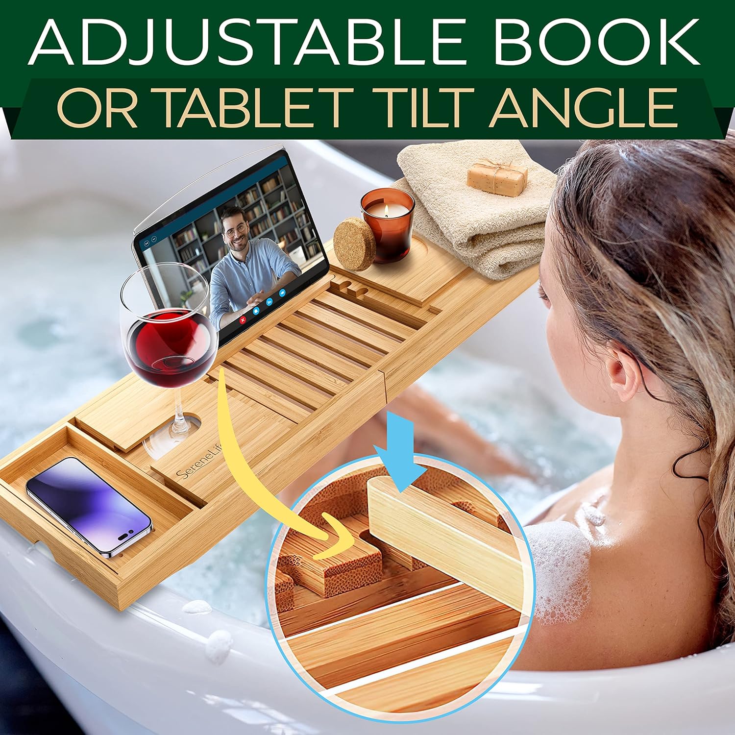 Bamboo Bathtub Caddy Tray with Wine Holder J437177
